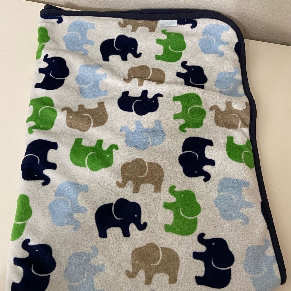 Carter’s Elephant Baby Blanket 30x40 Green Blue Tan Navy White Plush Sherpa